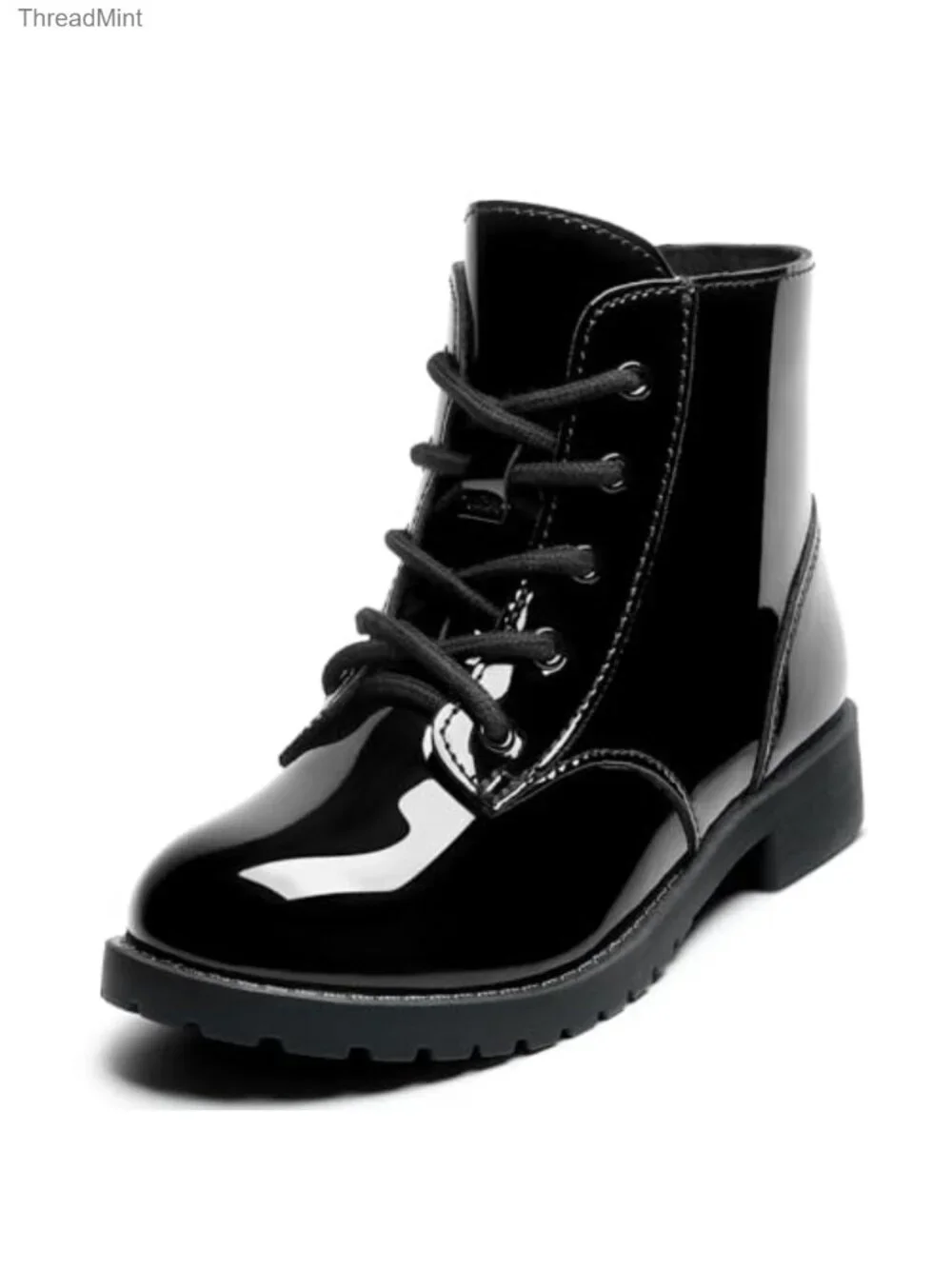 Girls Faux Leather Combat Ankle Boots with Side Zipper, Waterproof, Low Heel